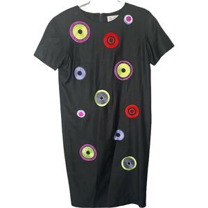 Vintage Oleg Cassini Silk Black with Embroidered Dots Shift Dress size 6